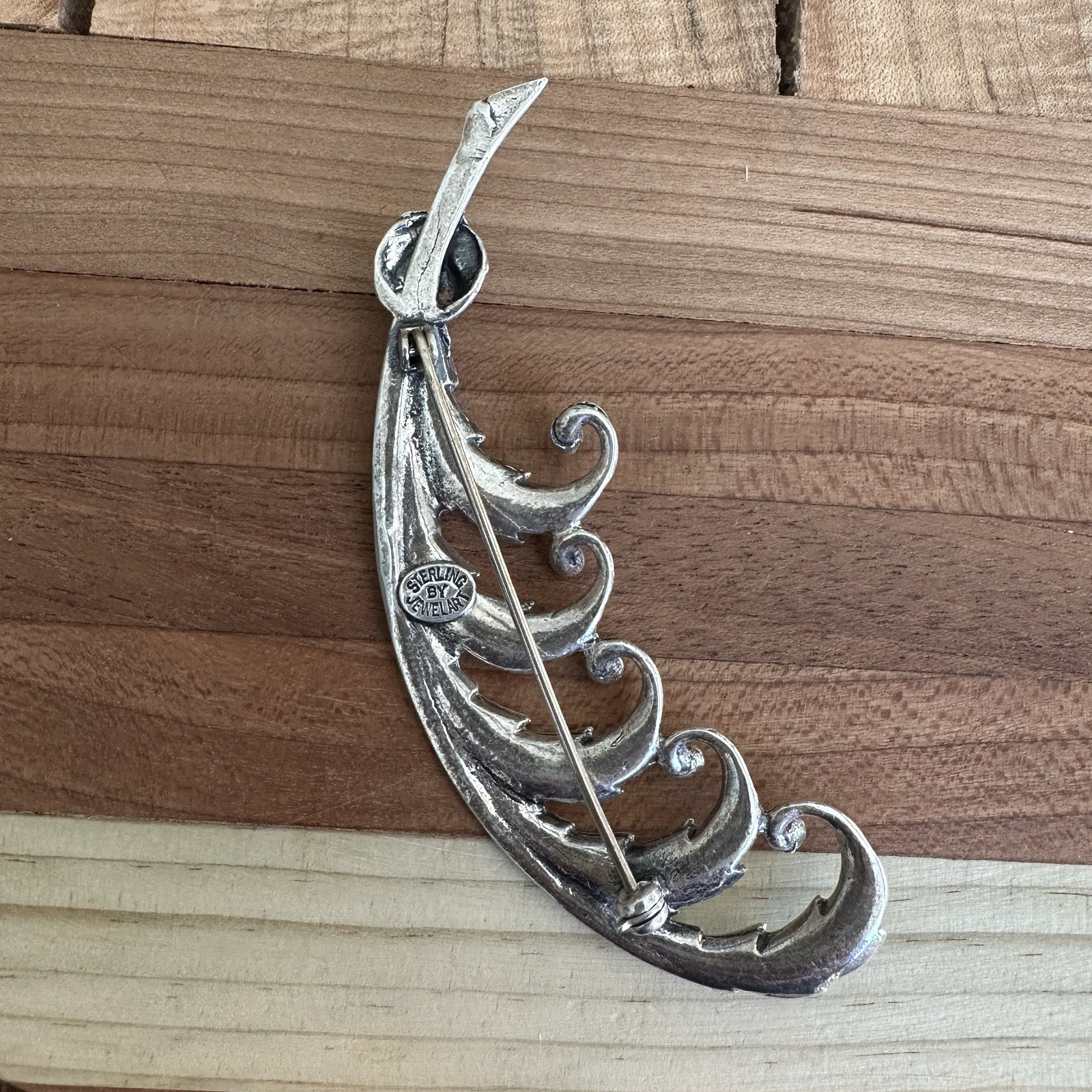 Vintage Sterling by Jewelart Pin Brooch 3 Inch Feather Scroll Signed MCM 12.6g