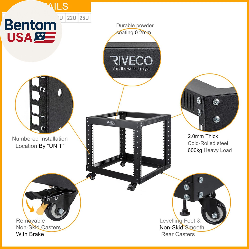 9U Open Frame Server Rack with Casters- Heavy Duty 4 Post Quick Assembly 19-Inch