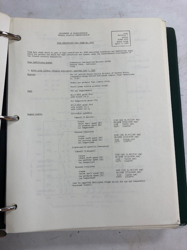FAA Rotorcraft Gliders /Balloons Type Certificate Data Sheets/Specifications1977