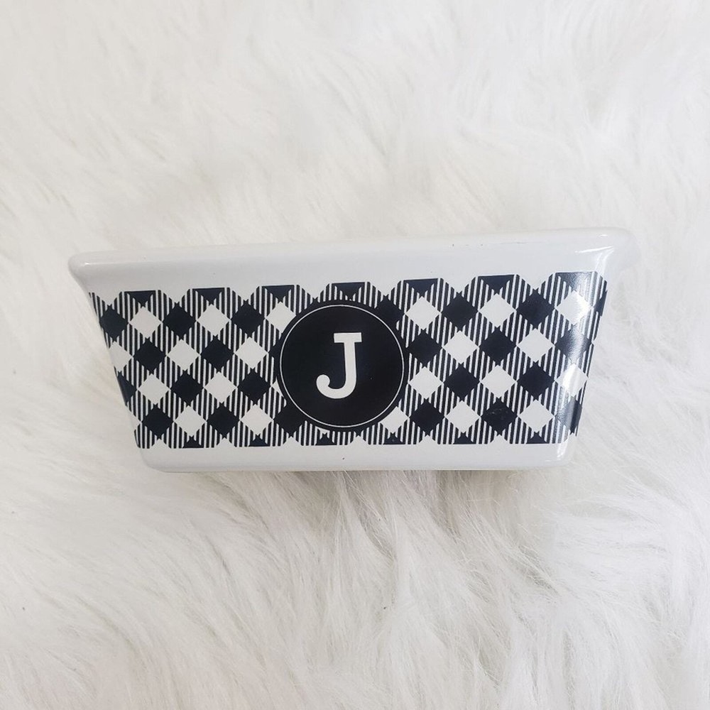 Nantucket "J" initial mini loaf ceramic baking dish with black check design
