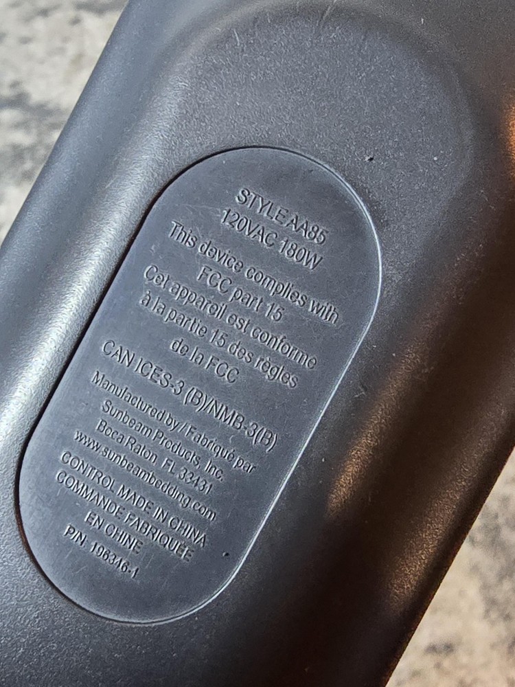 Sunbeam Heated Bedding Controller AA85 Gray 3-Hole Auto-Off 3 Hours Replacement