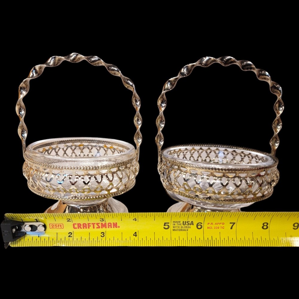 Set of 2 Silver Plated Nut Candy Baskets with Glass Liners Twisted Handle READ