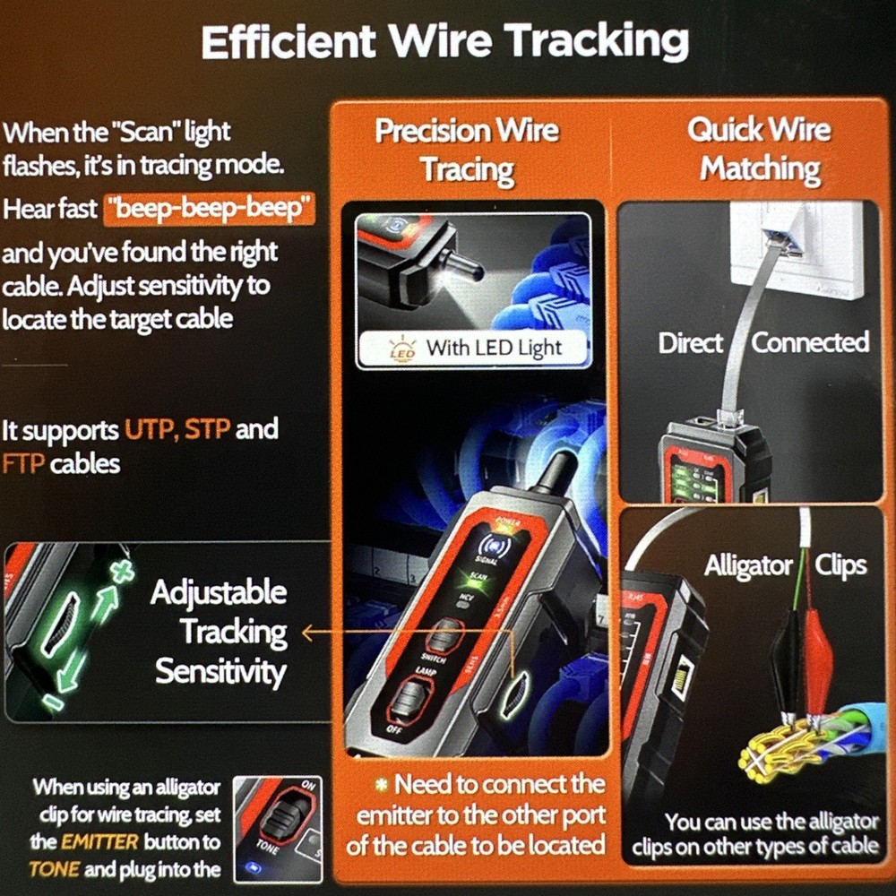 AMPCOM Wire Tracker & Network Cable Tester, PoE-Safe + NCV Detection, RJ45/RJ11