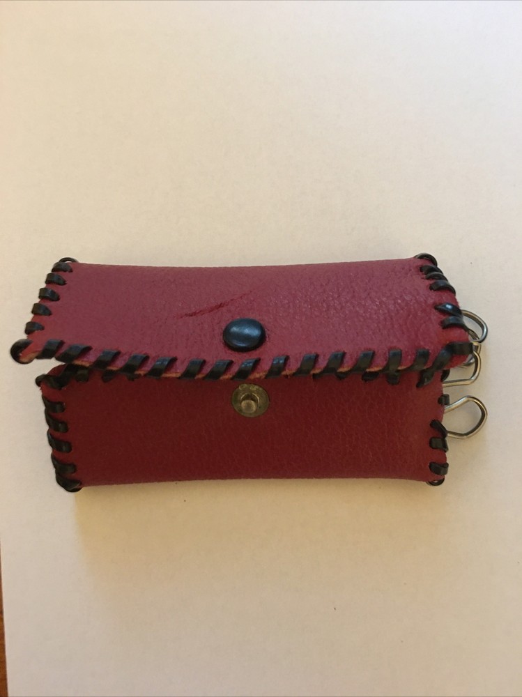 Vintage Leather Snap Pouch Keyholder Red Black Tempered Spring Hooks