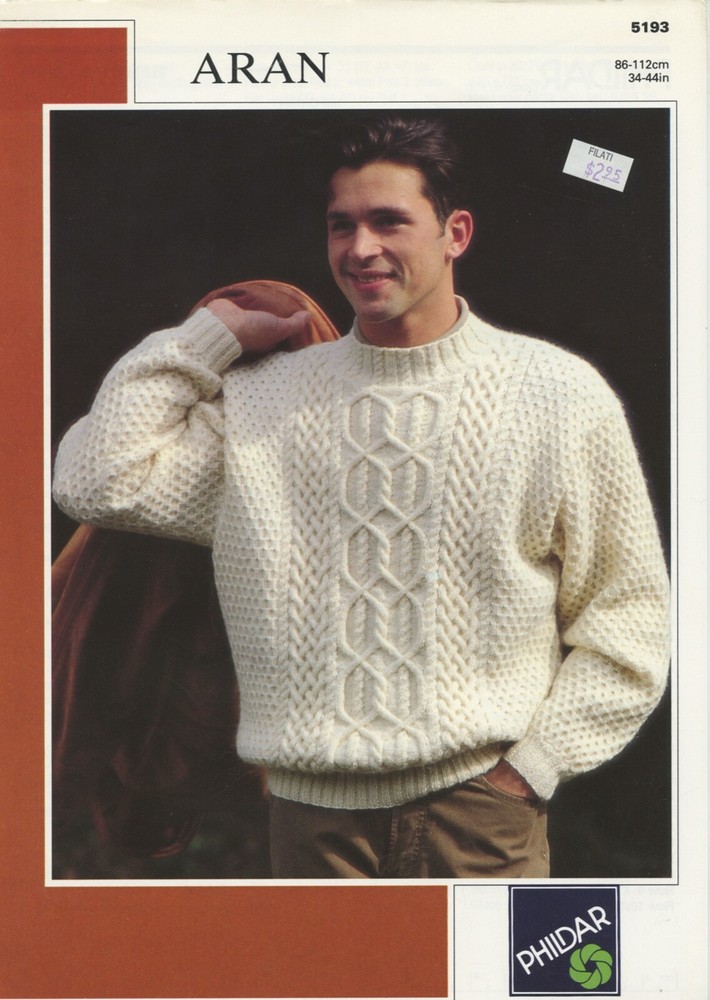 Phildar KNITTING PATTERN #5193 Aran Man's Pullover 34-44