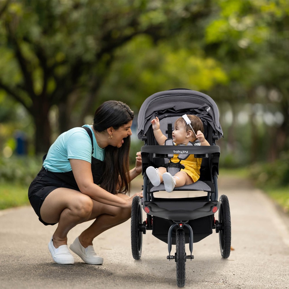 Jogging Stroller Foldable Jogger w/Adjustable Canopy Detachable Tray Cup Holders