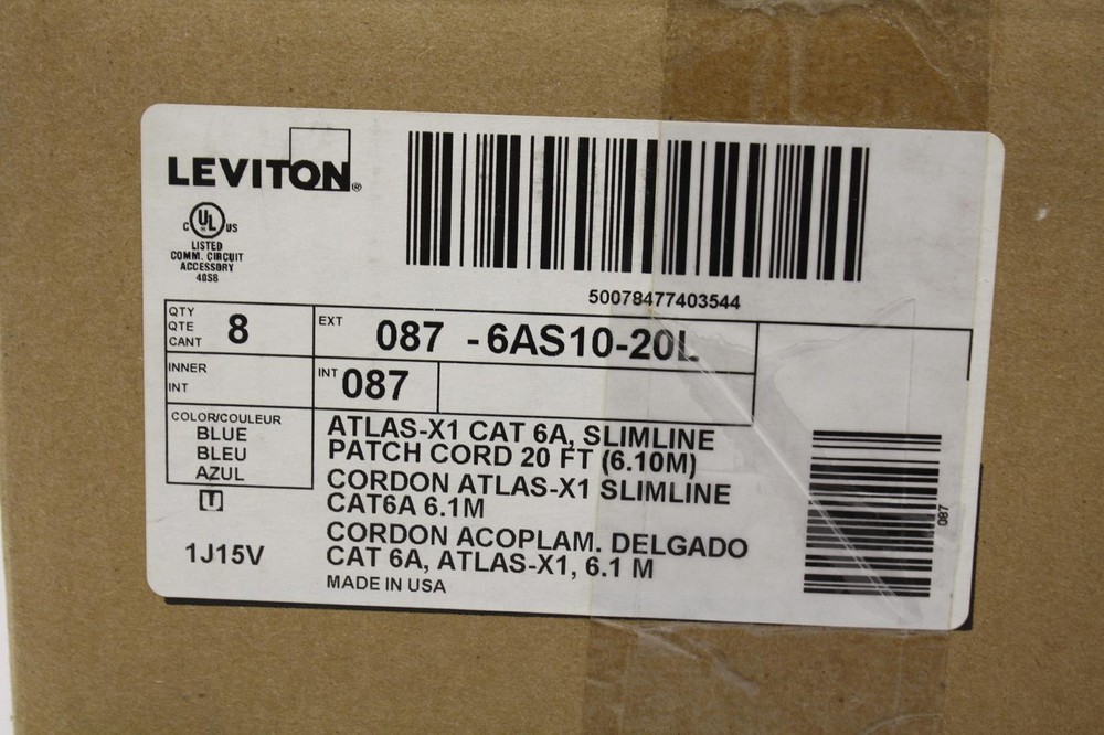 8 PACK LEVITON 087 6AS10 20L CAT 6A SHIELDED BOOT PATCH CORD 20 FT BLUE