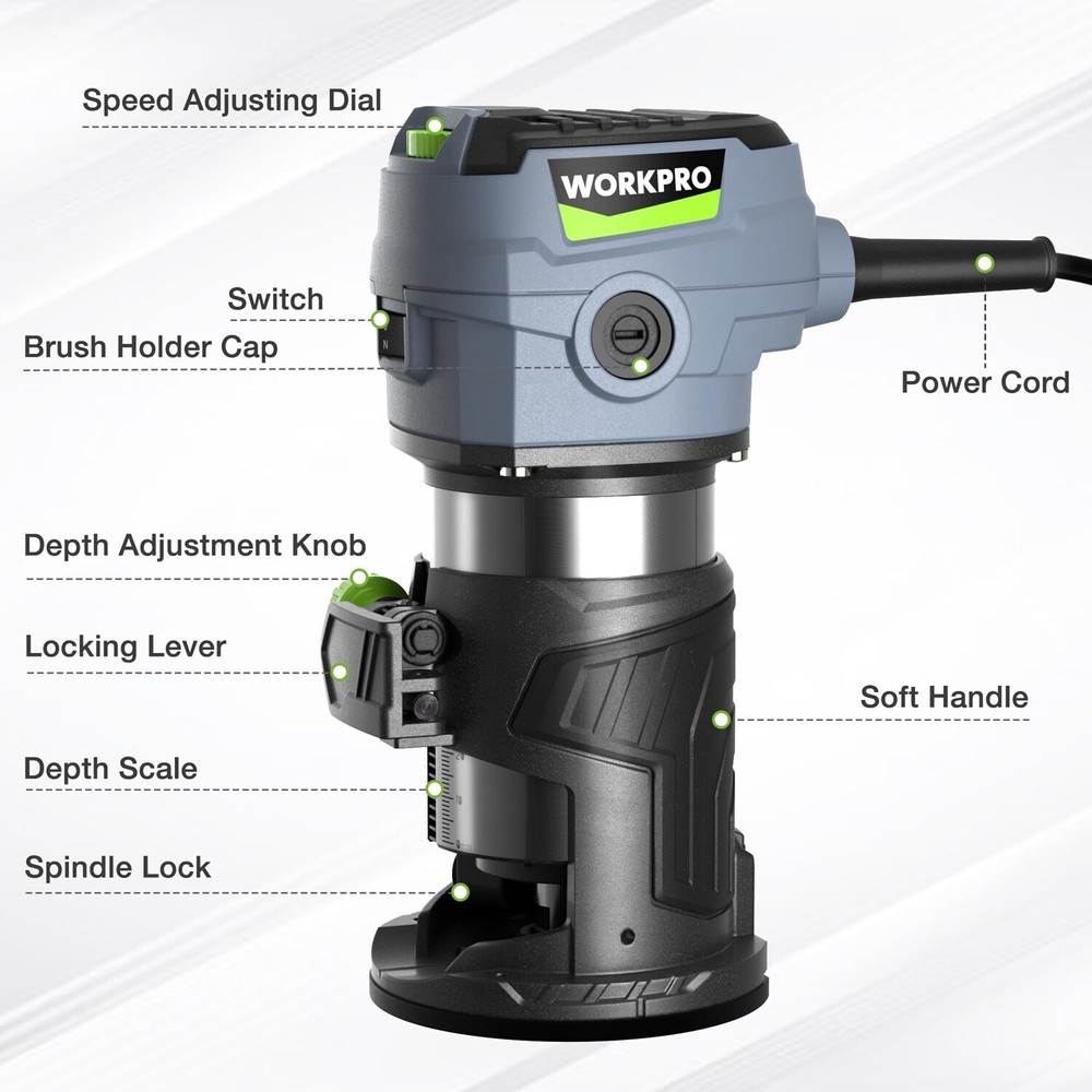 WORKPRO Compact Router Kit W/6 Variable Speeds 6.5Amp Corded Trimmer Router Tool