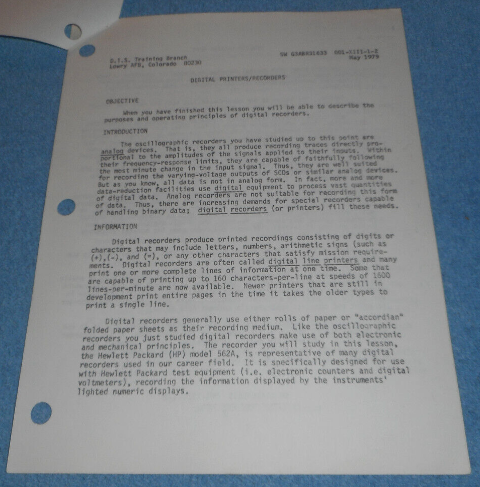 1979 US Air Force Technical Training Study Guide Digital Printers/Recorders