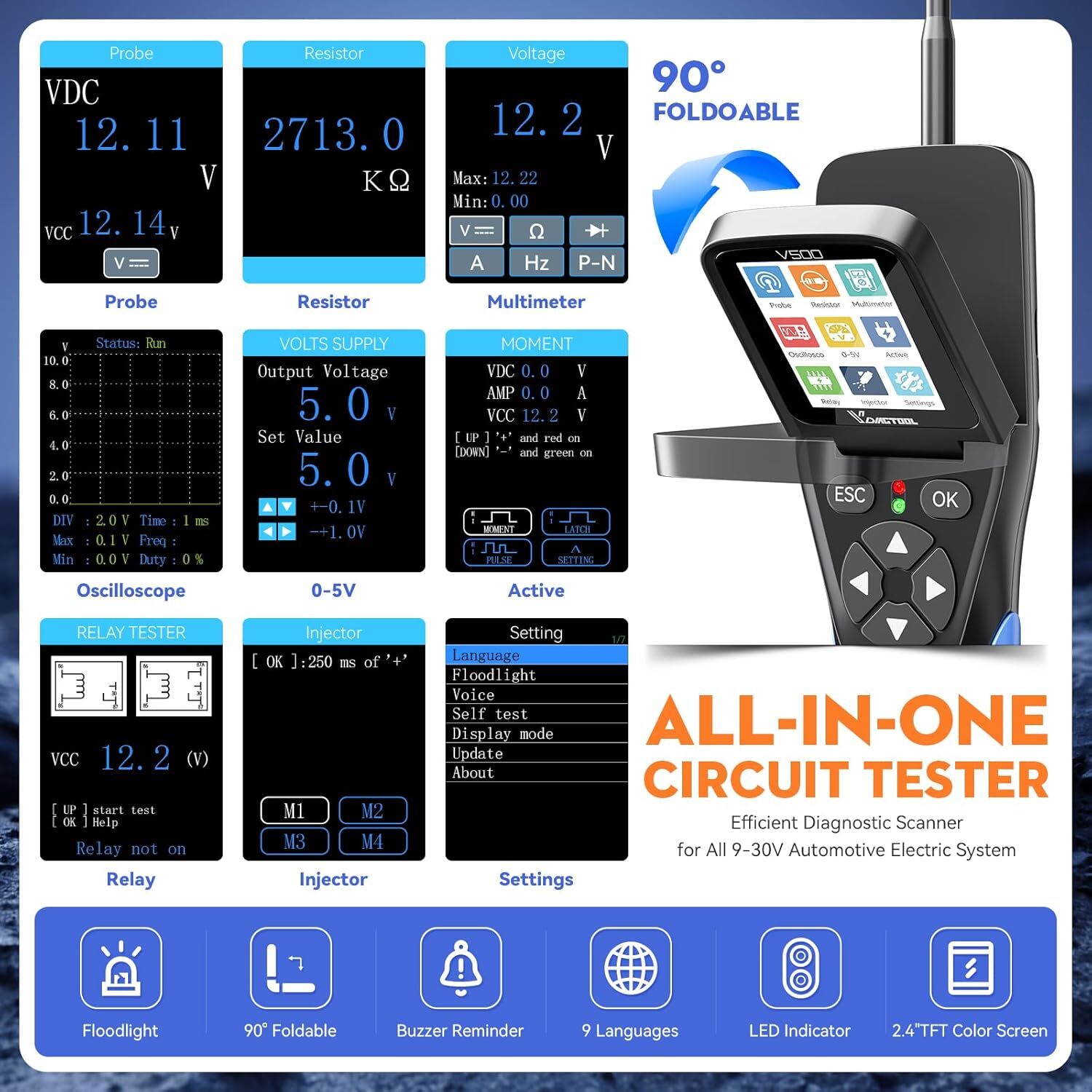 V500 Car Circuit Tester Fuel Injector Test Multimeter Oscilloscope Relay Test