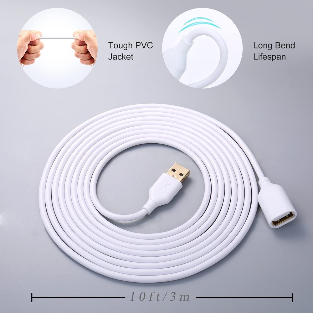 Costyle White USB Extension Cable, 2-Pack 2.0 10ft/3m Type A 10FT,