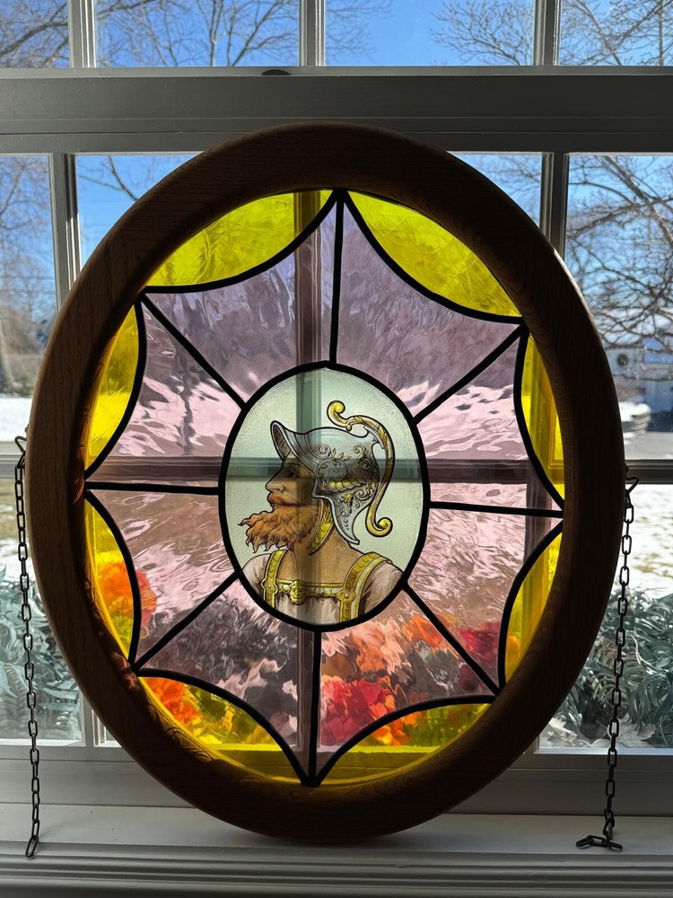 Vintage Leaded Window Stained Round Glass Panel