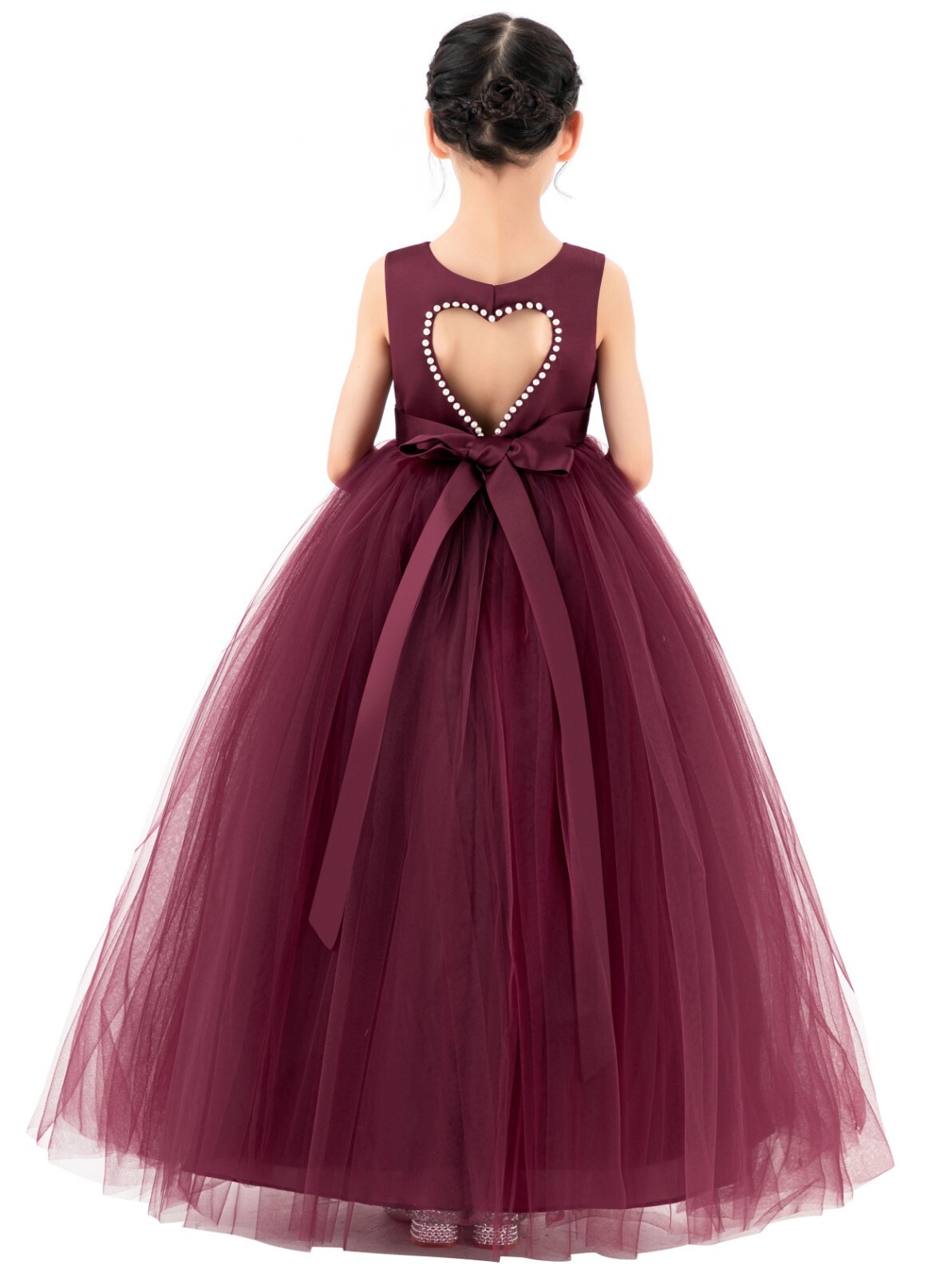 Satin Heart Cutout Flower Girl Dress with Pearl Beaded Trim Wedding Girls Dresse
