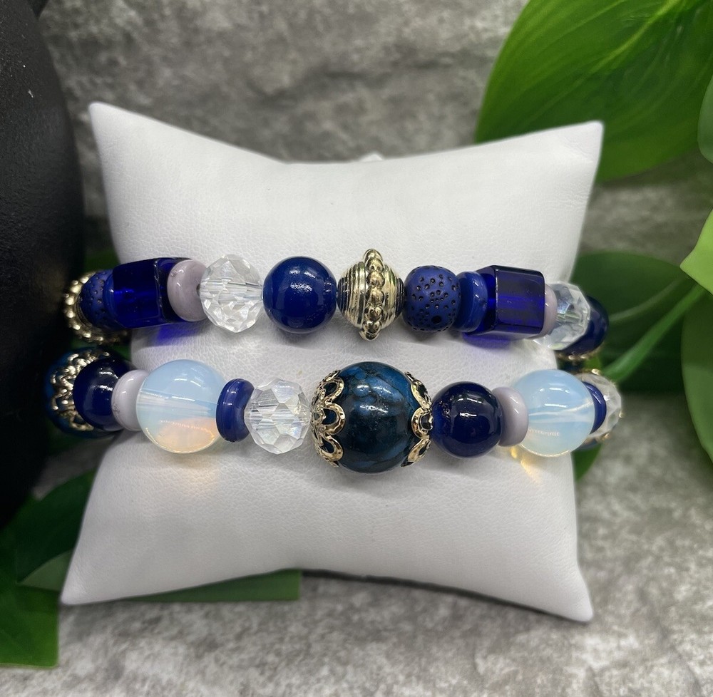 2 PC Handmade Bohemian Beaded Stackable 7” Plus Stretch Bracelet Set New B1678