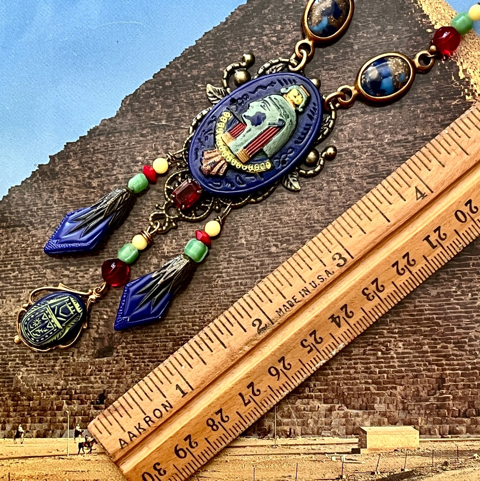 Deco Egyptian Revival Necklace Set, Neiger Style Pharaoh, Royal Blue, Red, Green