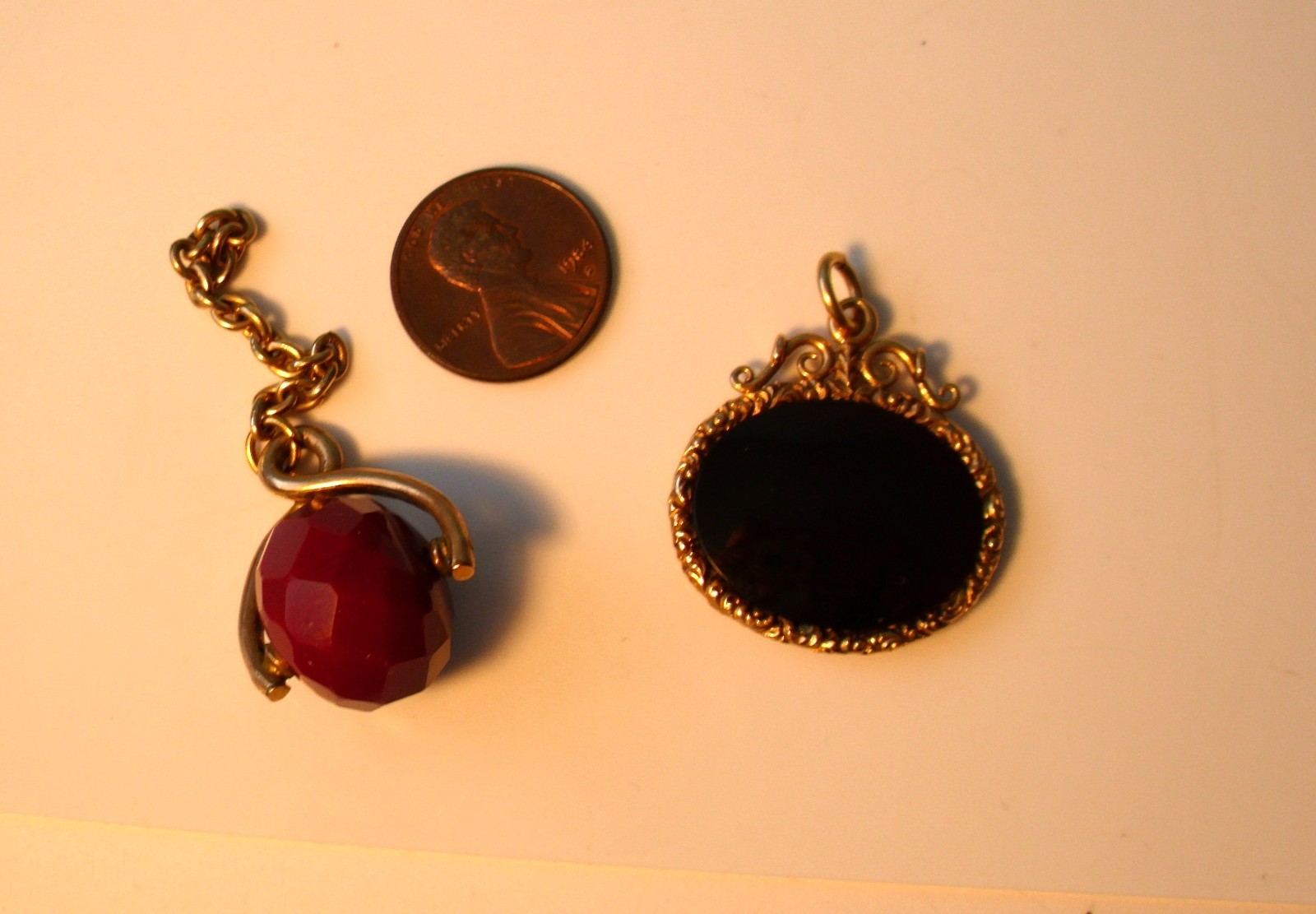 ❤❤ LOT of 2 Antique VICTORIAN Gold Filled Watch FOBS Pendants SPINNER Gemstones