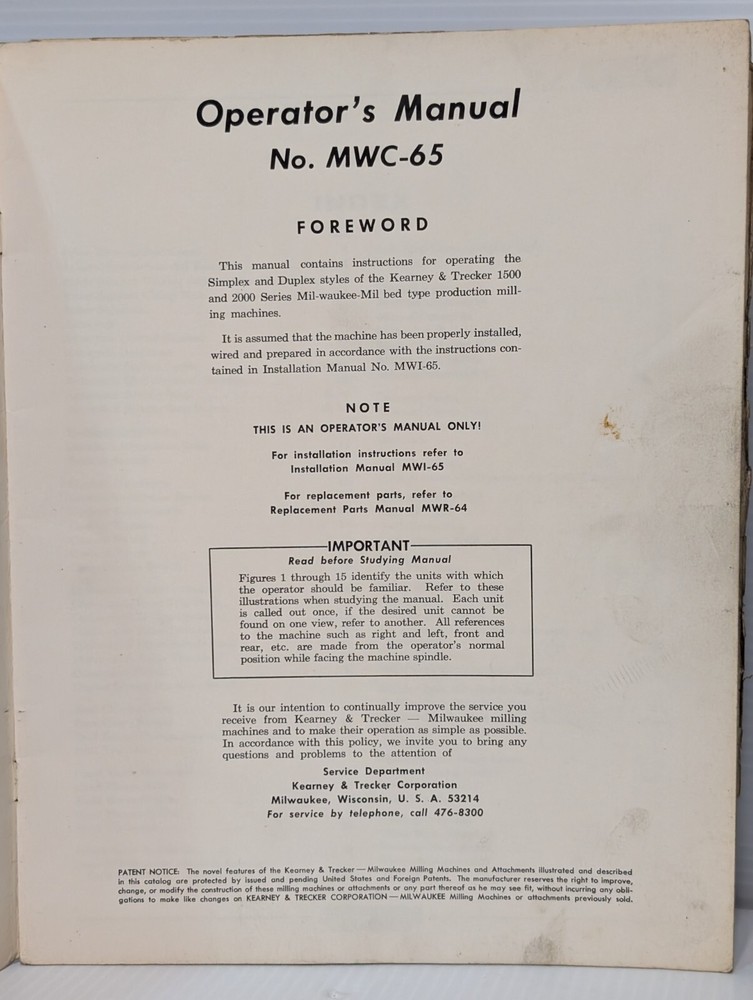 Kearney & Trecker Milwaukee No. MWC-65 Operator's Reference Manual, Mill Machine