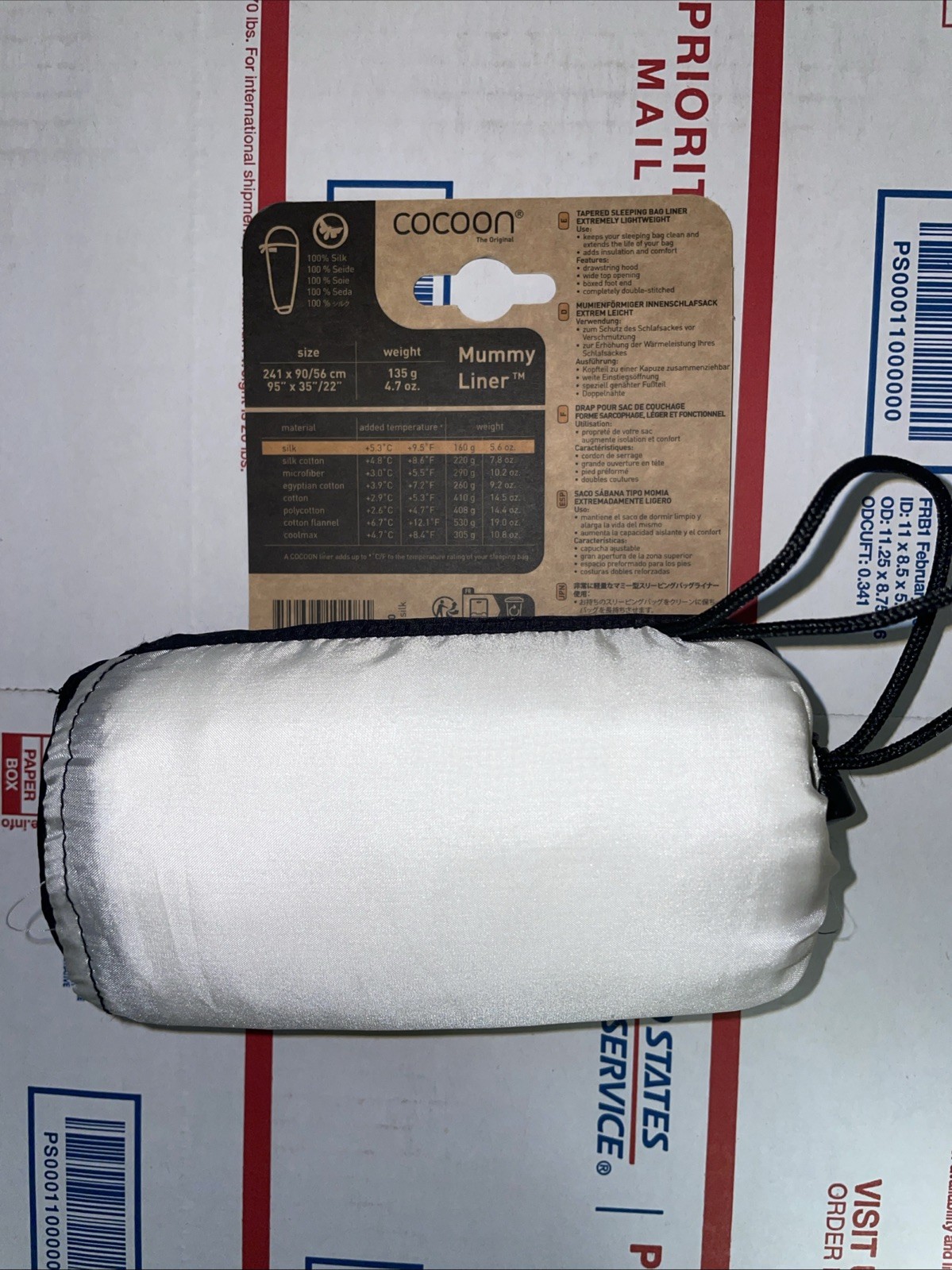 Cocoon 100% Silk Mummy Liner - White 135g 95” x 35”/22” BRAND NEW WITH TAGS