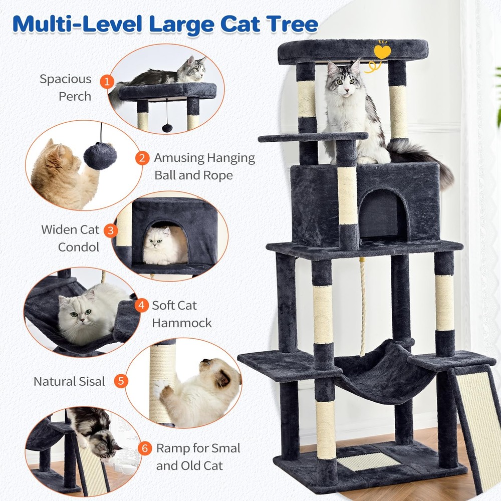 Cat Tree Tower 63in Multi-Level Cat Tower for Indoor Cats with Sisal Scratchi...