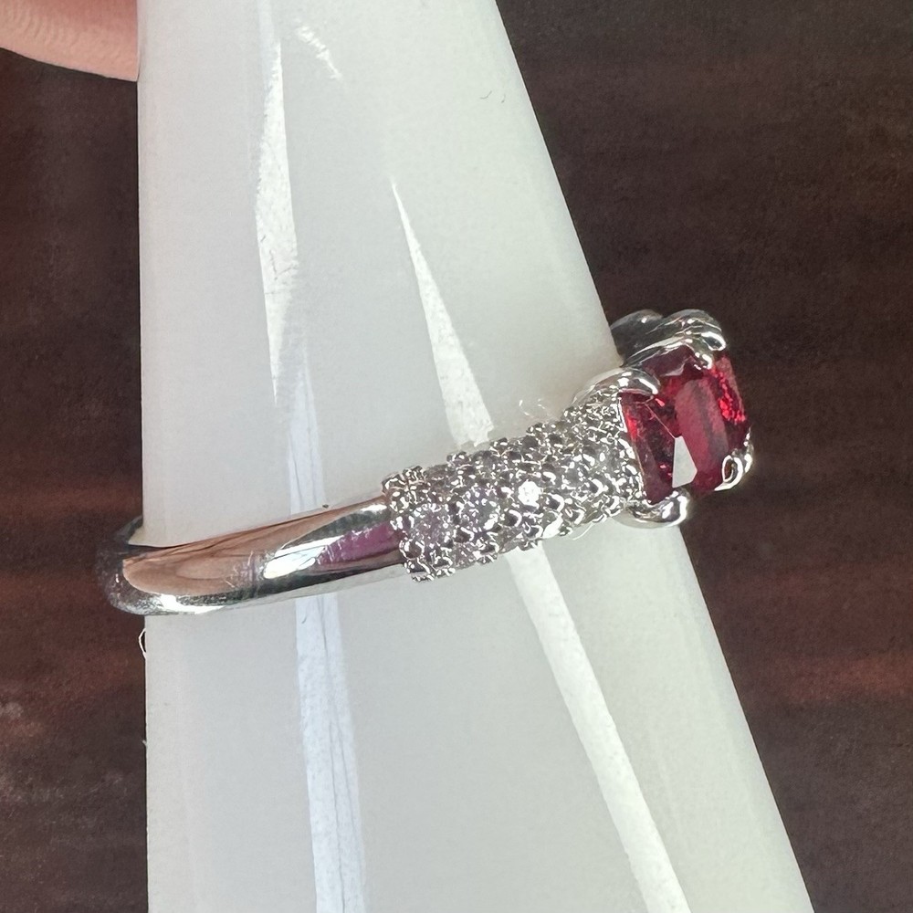 Bomb Party Ring- Lab Created Ruby- Size 10- Rhodium Plated