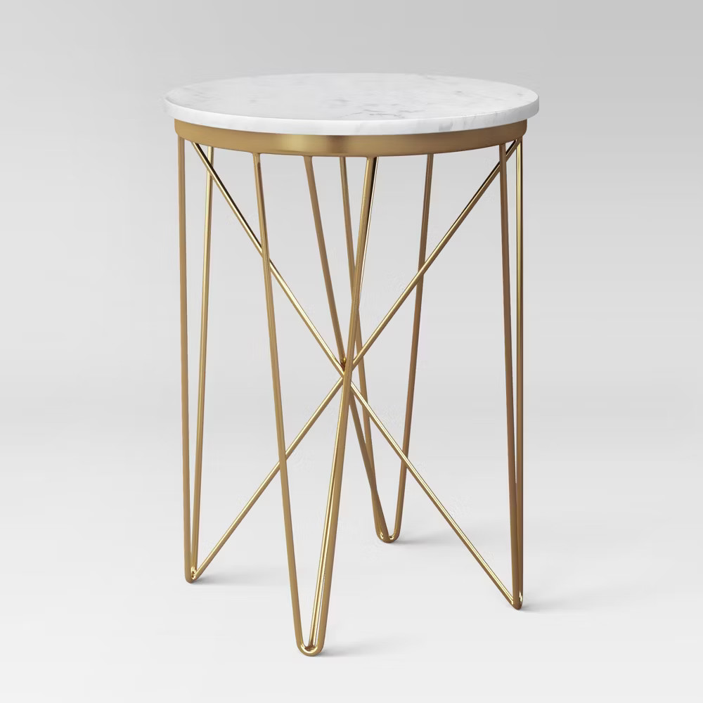 Threshold End Table Marble Round Narrow Crisscross Legs Mid-Century Modern Gold