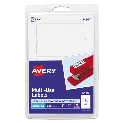 Avery Removable Multi-Use Labels, 1 x 3, White, 5/Sheet, 50 Sheets/Pack, (5436)