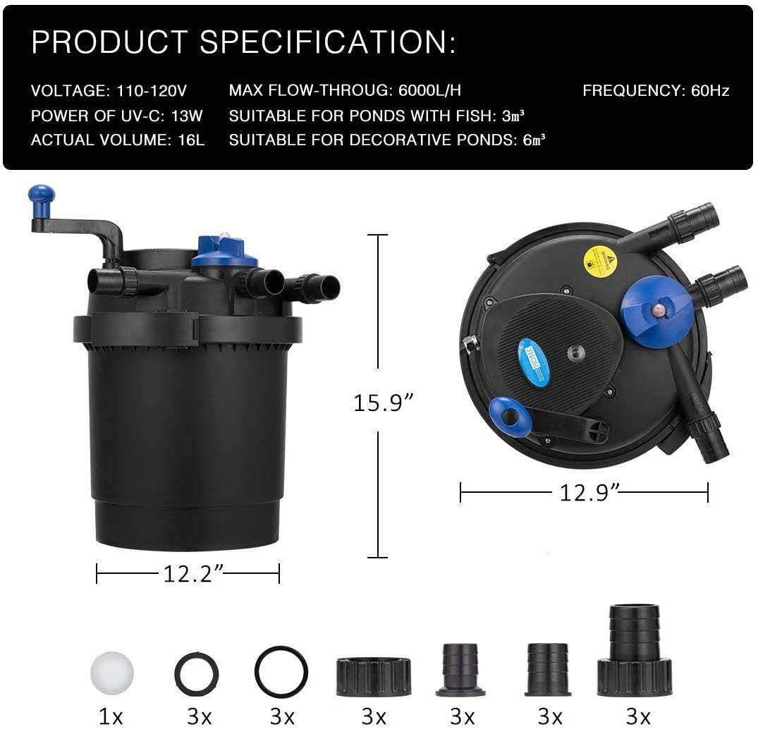 1600 Gal Pond Pressure Bio Filter w/ 13W UV Sterilizer Light Koi Fish ETL Listed