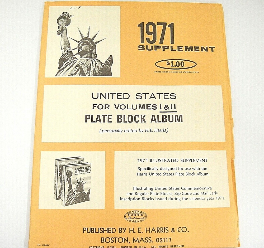 Harris 1971 United States Plate Block Album Supplement X109F Vol. I & II NOS