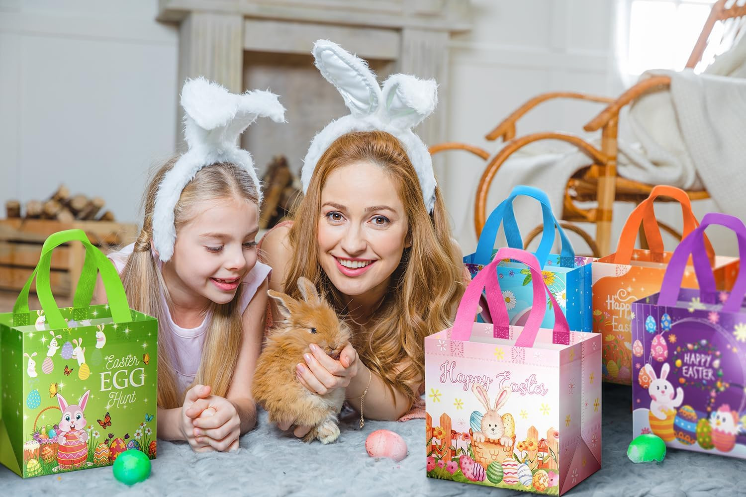 7Pcs Happy Easter Gift Bags, Reusable Non-Woven Goodie Bags with Handle for Kids