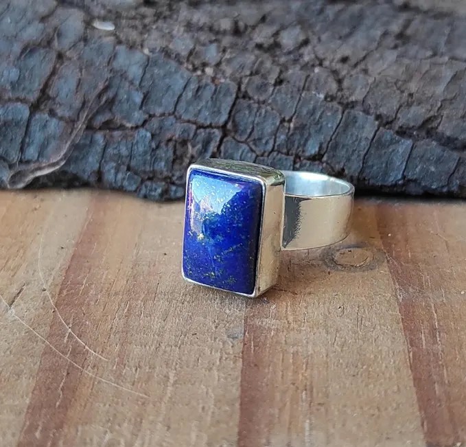 Solid 925 Sterling Silver Natural Lapis Lazuli Rectangle Gemstone Wide Band Ring