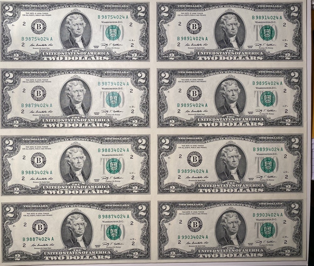 US 2009 $2 Uncut 8pc Notes Random Serial Numbers