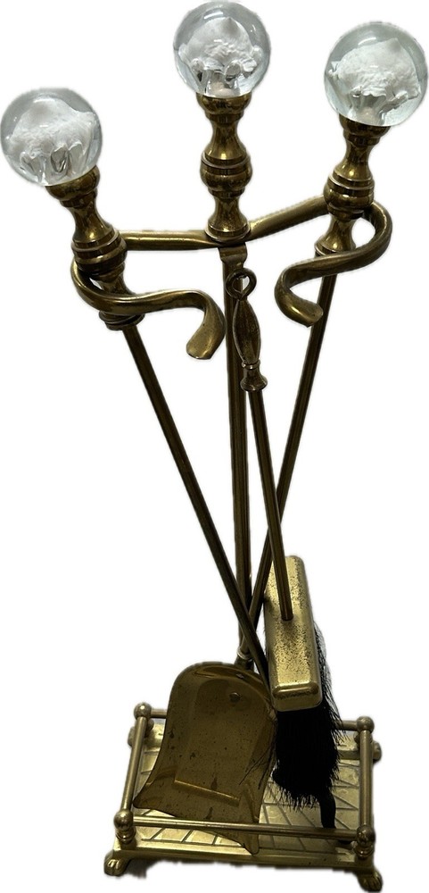 Mid Century St. Clair Glass And Brass Fireplace Tool Set