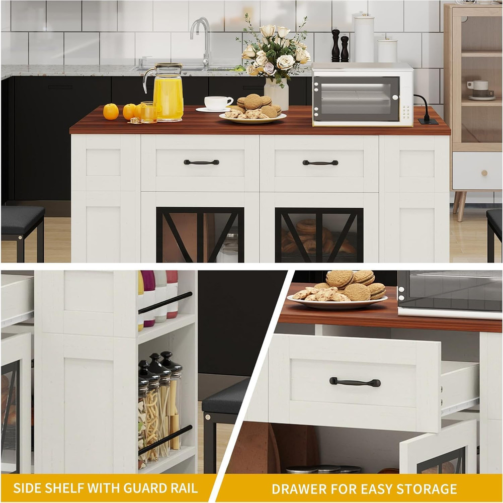 Walnut Kitchen Island Cart with Drop Leaf, Stools & Power Outlet - 3 PCS Set