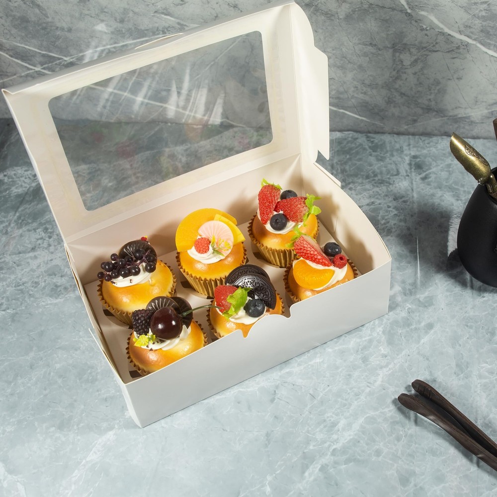 15 PCS White Cupcake Boxes Premium Carriers With Window & Inserts 6Count