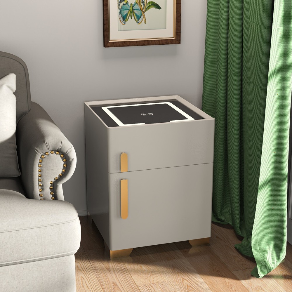 Off-white smart bedside table with safe, wireless charging + three-color light