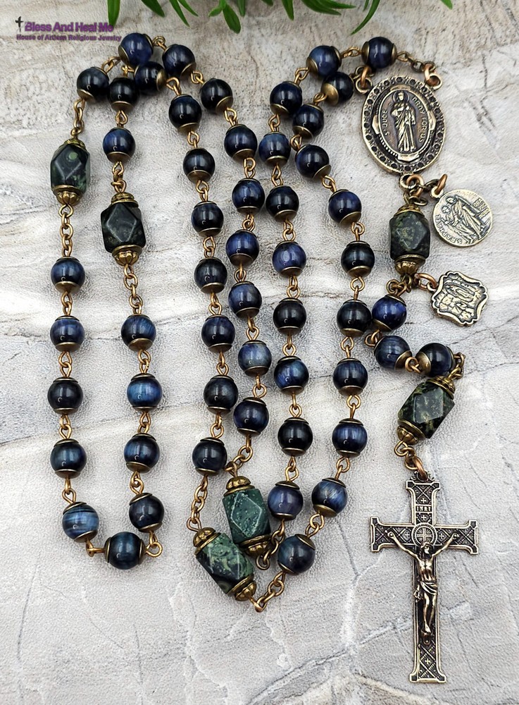 St Jude Raphael Lourdes Blue Tiger Eye Vintage Bronze Rosary