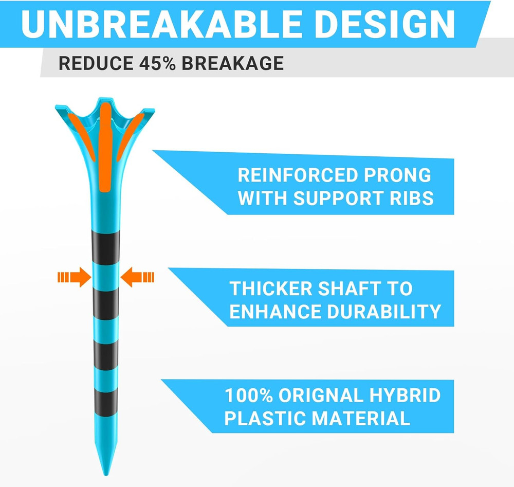 Professional Plastic Golf Tees 100 Pack (3-1/4" or 2-3/4"), Enhanced Durability