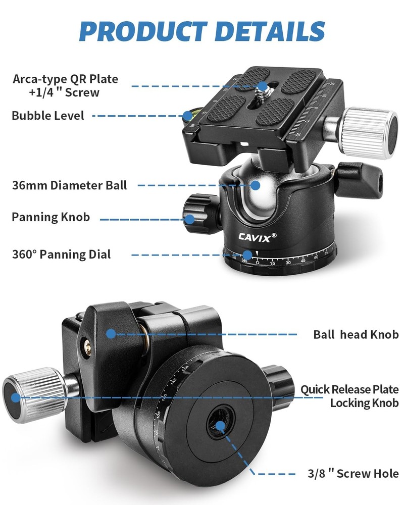 Ball Head Mount, CAVIX 36mm Camera Dia. 36mm, Black&Silver