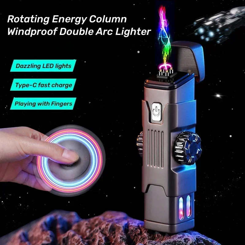 Metal Windproof Double Arc Lighter Rotating LED Type-C Rechargeable Cigarette