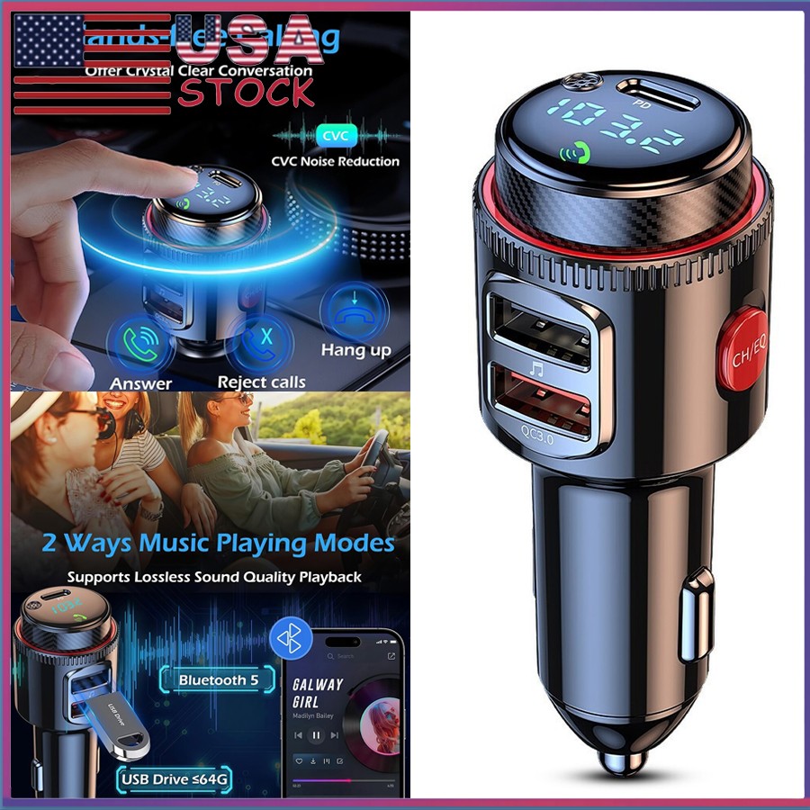 2-in-1 Wireless Bluetooth FM Transmitter & Fast Car Charger-QC3.0/PD,MP3 Player