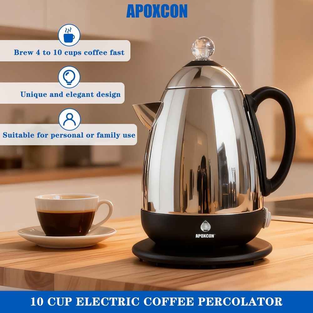 Electric Coffee Percolator Stainless Steel Coffee Maker with Clear Brew Progress