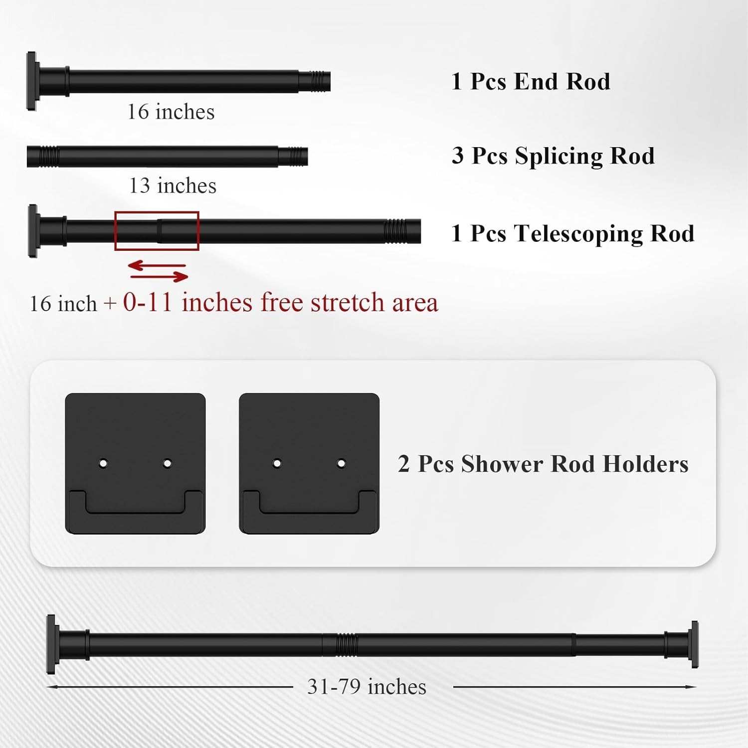 Matte Black Shower Curtain Rod 31-79 Inches with Holders, Stainless Steel Shower
