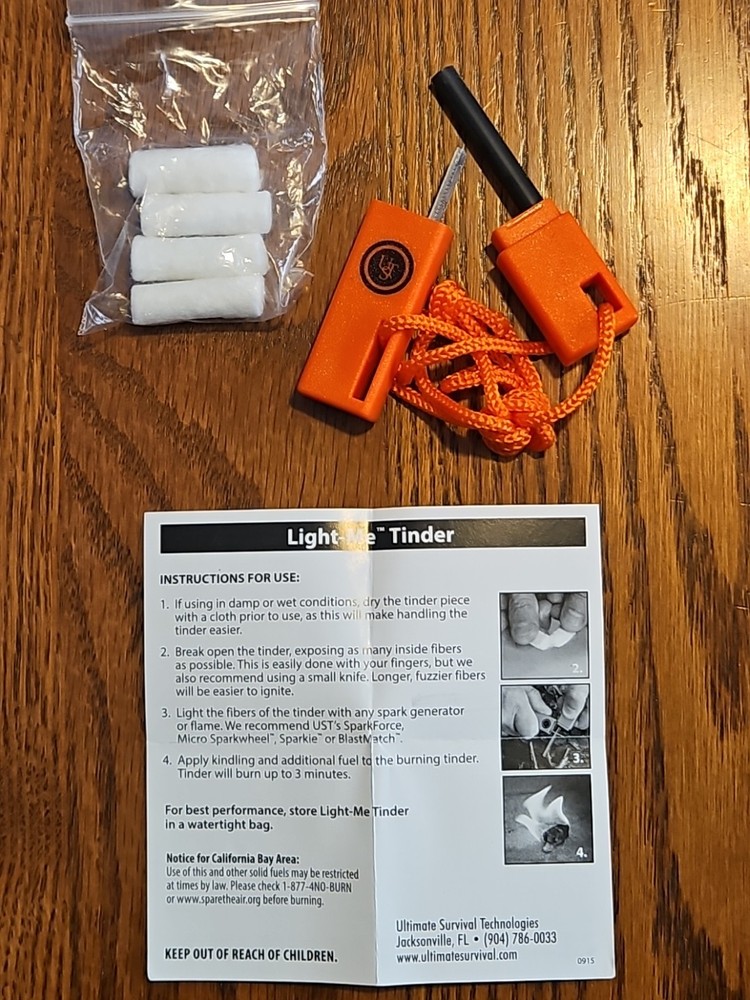 UST Live and Learn Fire Starting Kit Reference Guide Sparkforce Light-Me Tinder