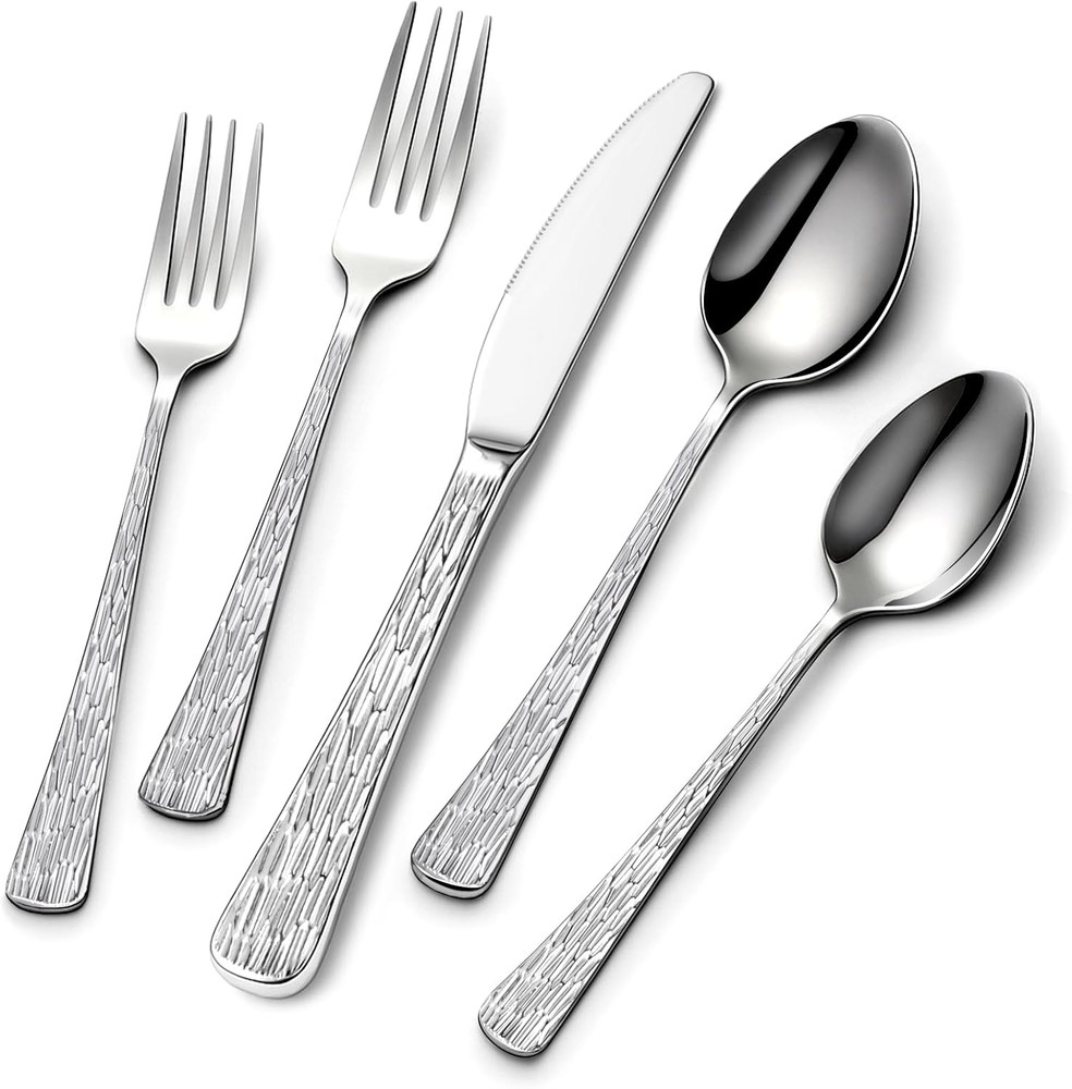 60-Piece Hammered Silverware Set for 12 Stainless Steel Flatware Tree Pattern ..