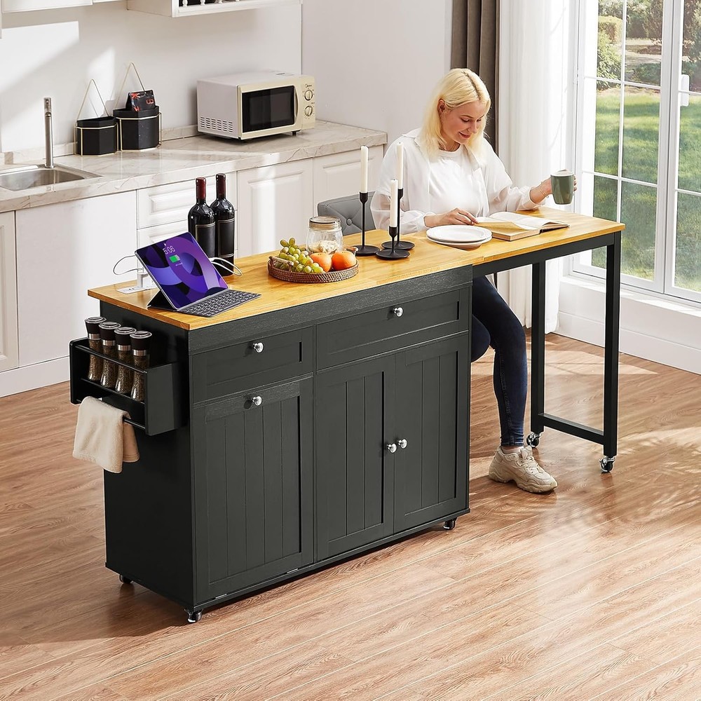 81.7" Kitchen Island with Extendable Dining Table - Mobile Cart, Black
