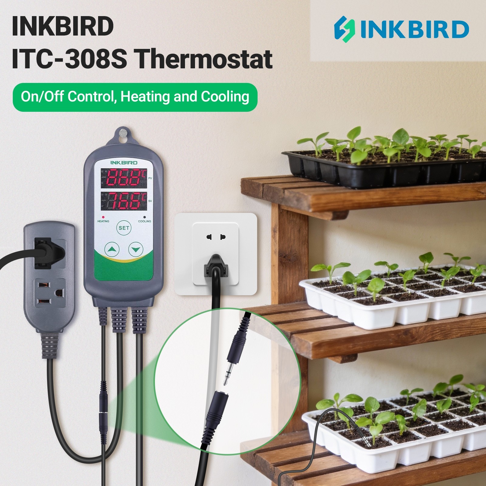 Inkbird Temperature Controller Outlet ITC-308S NTC Sensor Removable Heat Cool US