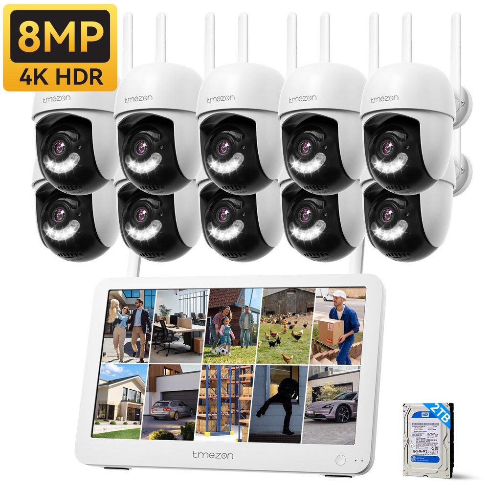 8MP PTZ Wireless Security Camera System 10CH NVR with 12"Monitor WiFi CCTV 2TB