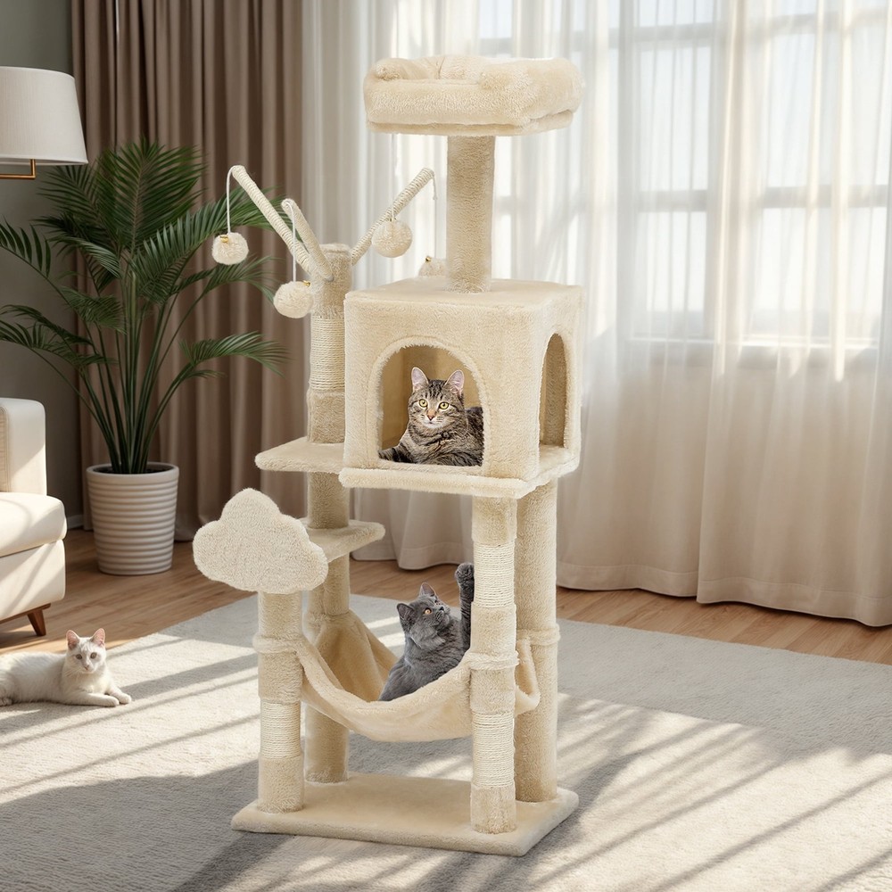 44" Cat Tree Tower, with Scratch Posts, Condo, Hammock, Toys, Beige