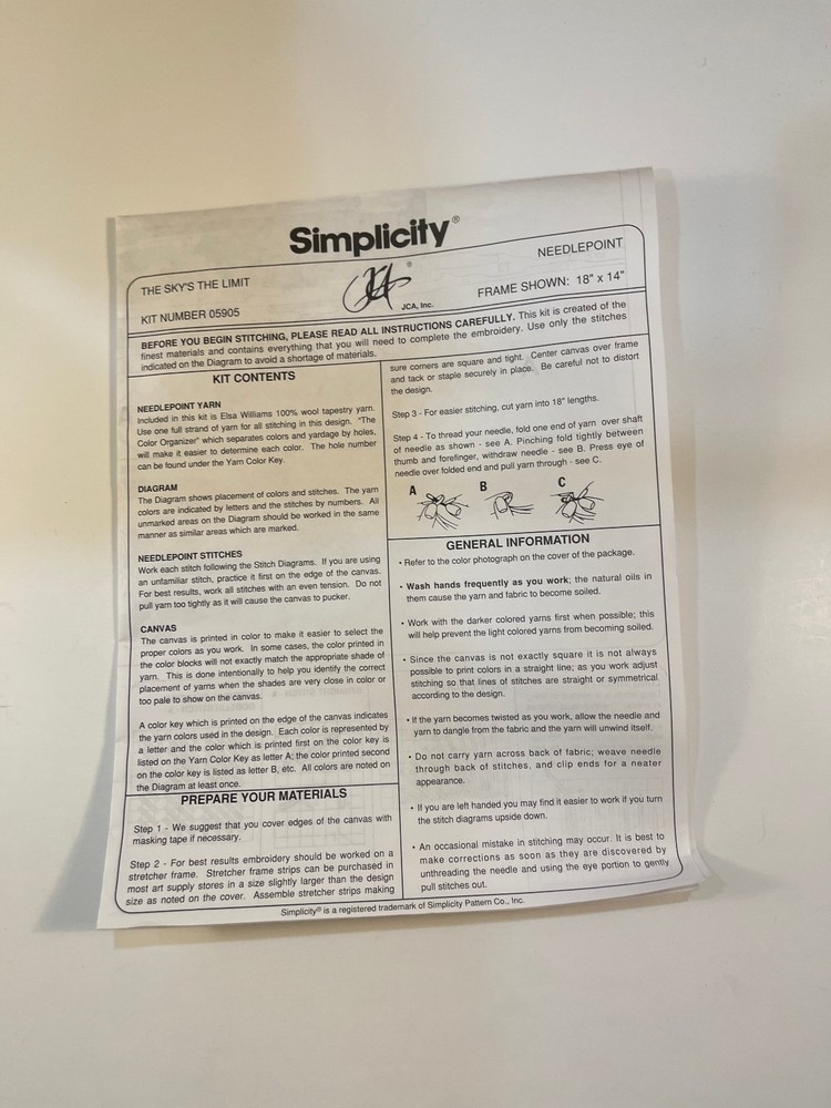 Simplicity Needlepoint Kit #05905 "The Sky's the Limit" - Started