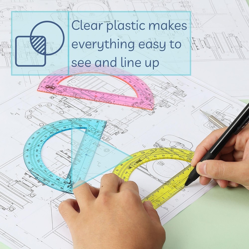 3 Pack 6 Inch Plastic Protractors 180 Degrees for Geometry Angle Measurement